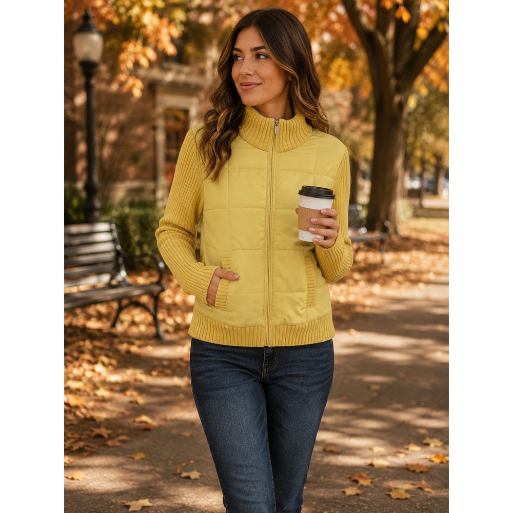 Jones New York Country Cardigan Sweater SZ Large Yellow Quilted Hybrid Full Zip